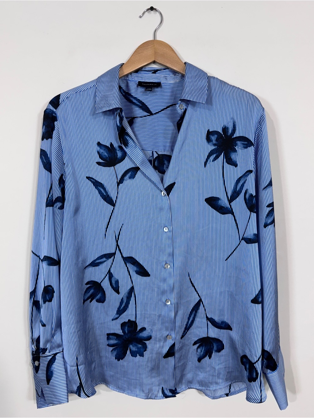 WSH150 {Tamara H} Blue Stripe Floral Satin Long Sleeve Button Down Blouse Shirt